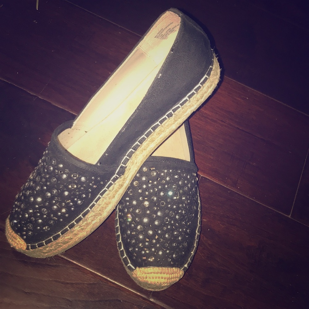 black espadrilles flats with rhinestones